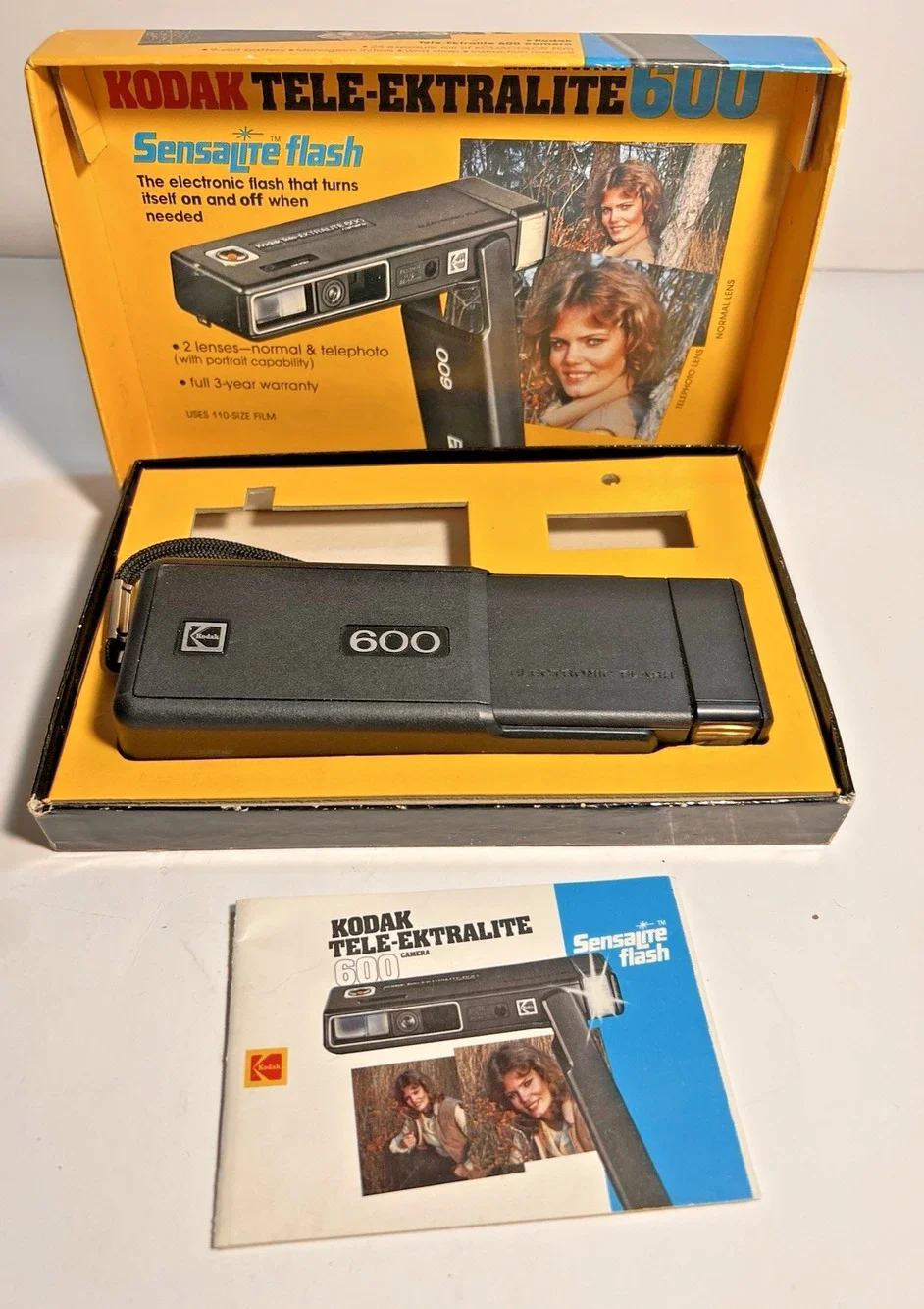 Kodak Tele-Ektralite 600 110 Film Camera Sensalite Flash w/ Box & Manual Untest